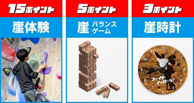 15ポイント 崖体験 5ポイント 崖バランスゲーム 3ポイント 崖時計
