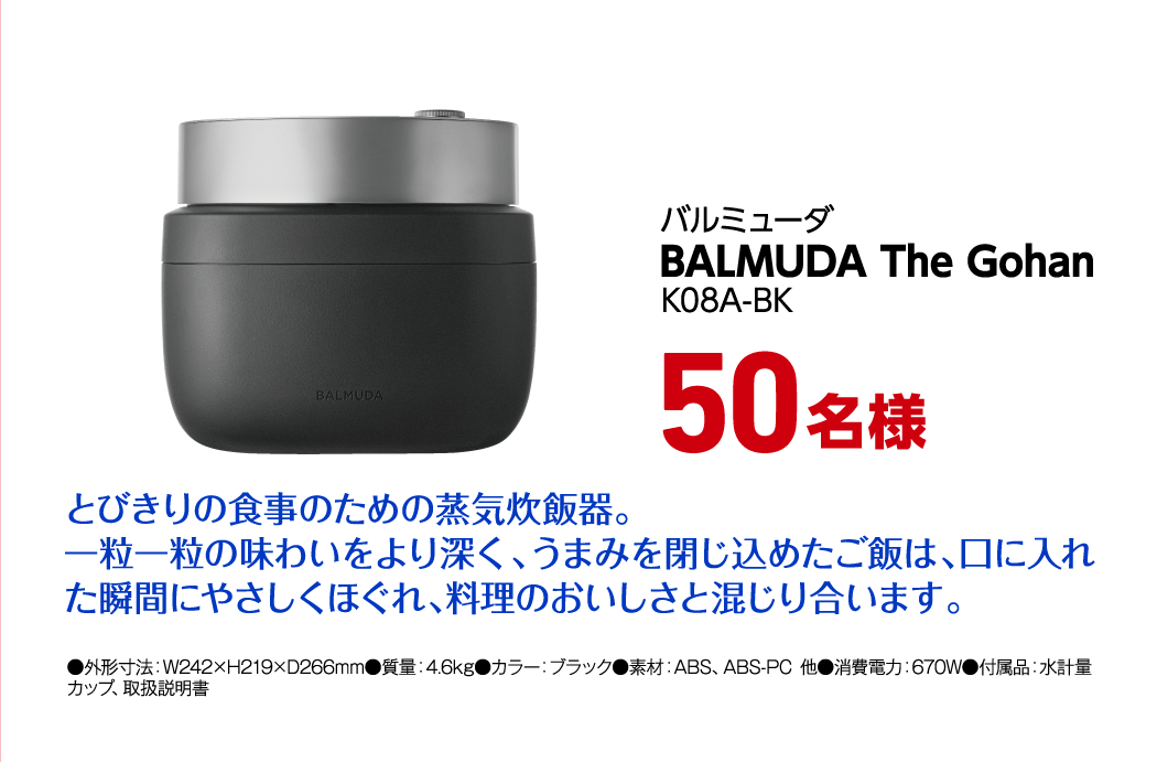 バルミューダ BALMUDA The Gohan K08A-BK 50名様
