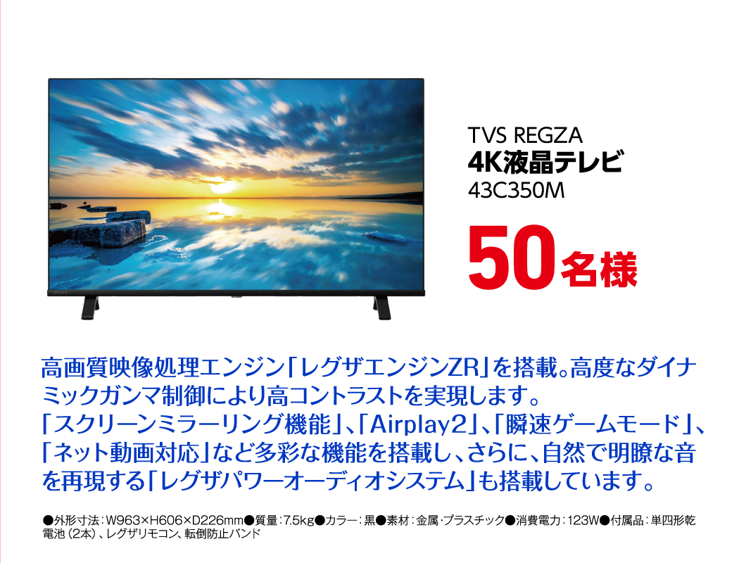 TVS REGZA 4K液晶テレビ 43C350M 50名様
