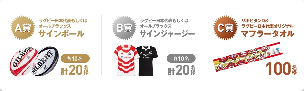 A賞 ラグビー日本代表もしくはオールブラックス サインボール 各10名 B賞 ラグビー日本代表もしくはオールブラックス サインジャージー 各10名 C賞 リポビタンD＆ラグビー日本代表オリジナルマフラータオル 100名様