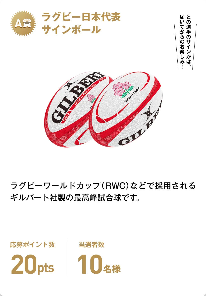 A賞 ラグビー日本代表サインボール ラグビーワールドカップ（RWC）などで採用されるギルバート社製の最高峰試合球です。どの選手のサインかは、届いてからのお楽しみ！応募ポイント数20pts 当選者数10名様