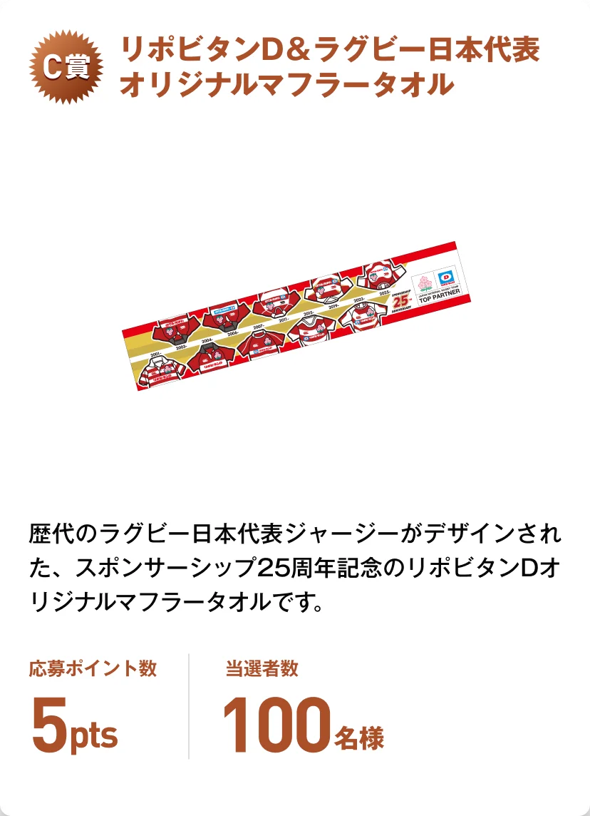 C賞 リポビタンD＆ラグビー日本代表オリジナルマフラータオル 歴代のラグビー日本代表ジャージーがデザインされた、スポンサーシップ25周年記念のリポビタンDオリジナルマフラータオルです。応募ポイント数5pts 当選者数100名様
