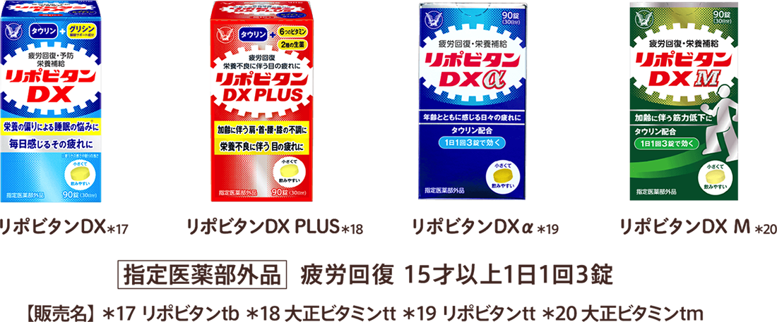 リポビタンDX※17、リポビタンDX PLUS※18、リポビタンDXα※19、リポビタンDX M※20 [指定医薬部外品]疲労回復 15才以上1日1回3錠 【販売名】＊17 リポビタンtb ＊18 大正ビタミンtt ＊19 リポビタンtt ＊20 大正ビタミンtm