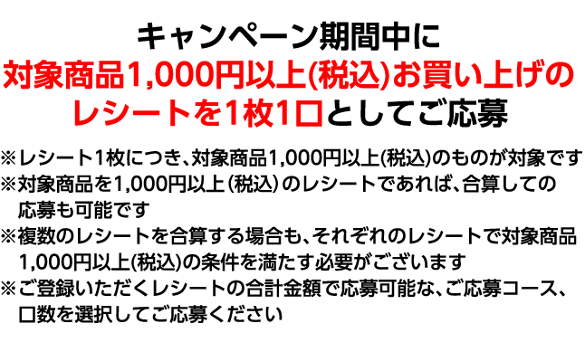 キャンペーン期間中に対象商品1,000円以上（税込）お買い上げのレシートを1枚1口としてご応募